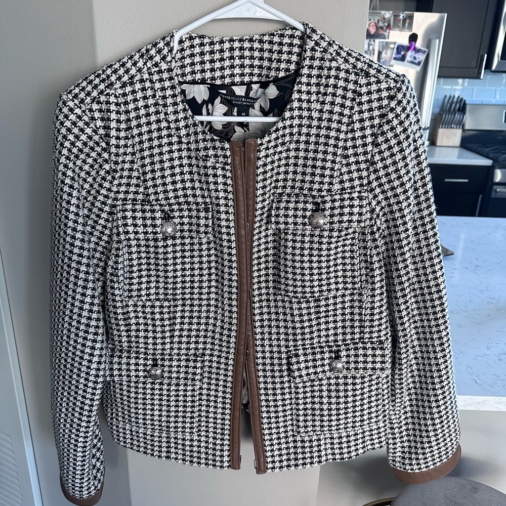 NWT White House Black Market Leather-Trim Tweed Jacket